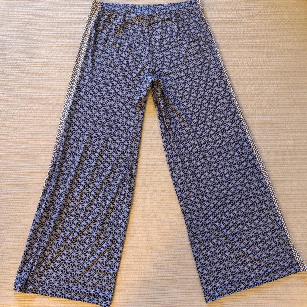 Chicos Women's Wide Leg Pants Blue Geometric Medallion Print Side Stripe Size 2